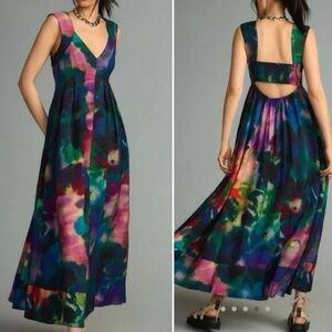 Anthropologie Multicolor Watercolor V-Neck Maxi Dress Size XXS